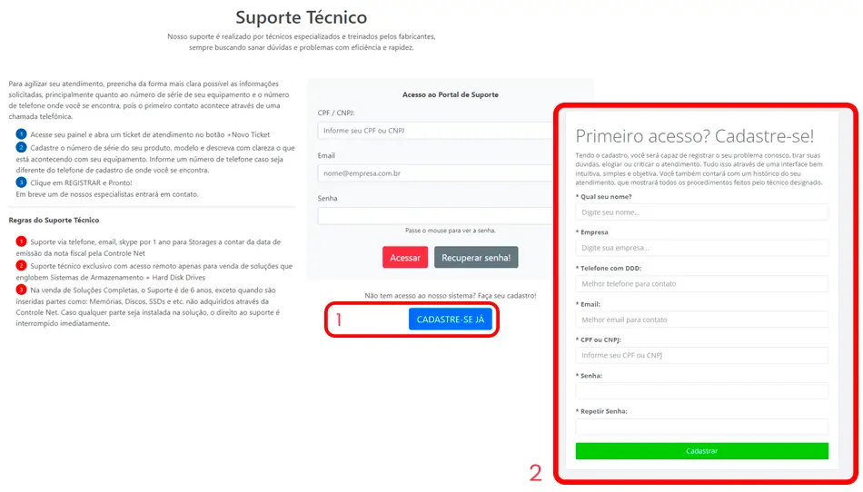 Realizar cadastro no suporte técnico